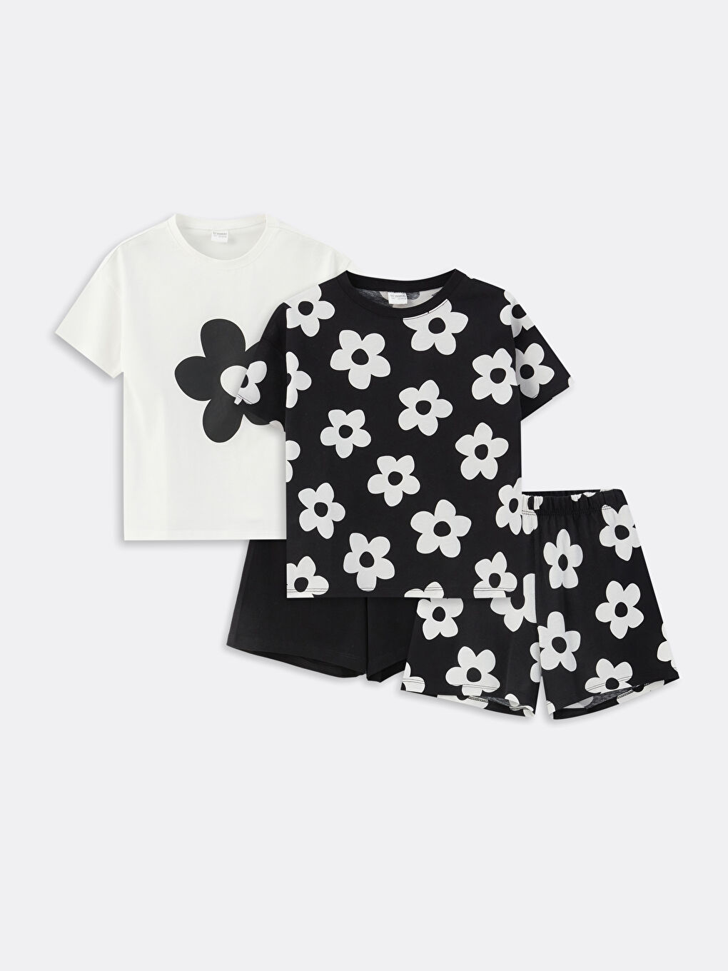 Siyah Bisiklet Yaka Baskılı Kısa Kollu Kız Çocuk Şortlu Pijama Takımı 2'li