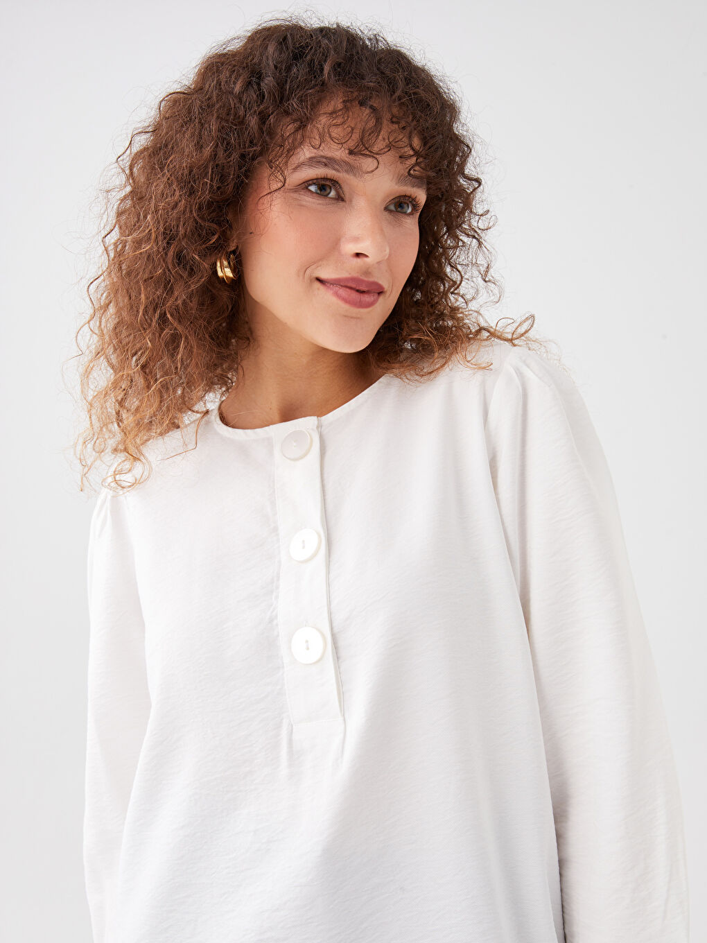 Bej Bisiklet Yaka Düz Uzun Kollu Kadın Tunik-2