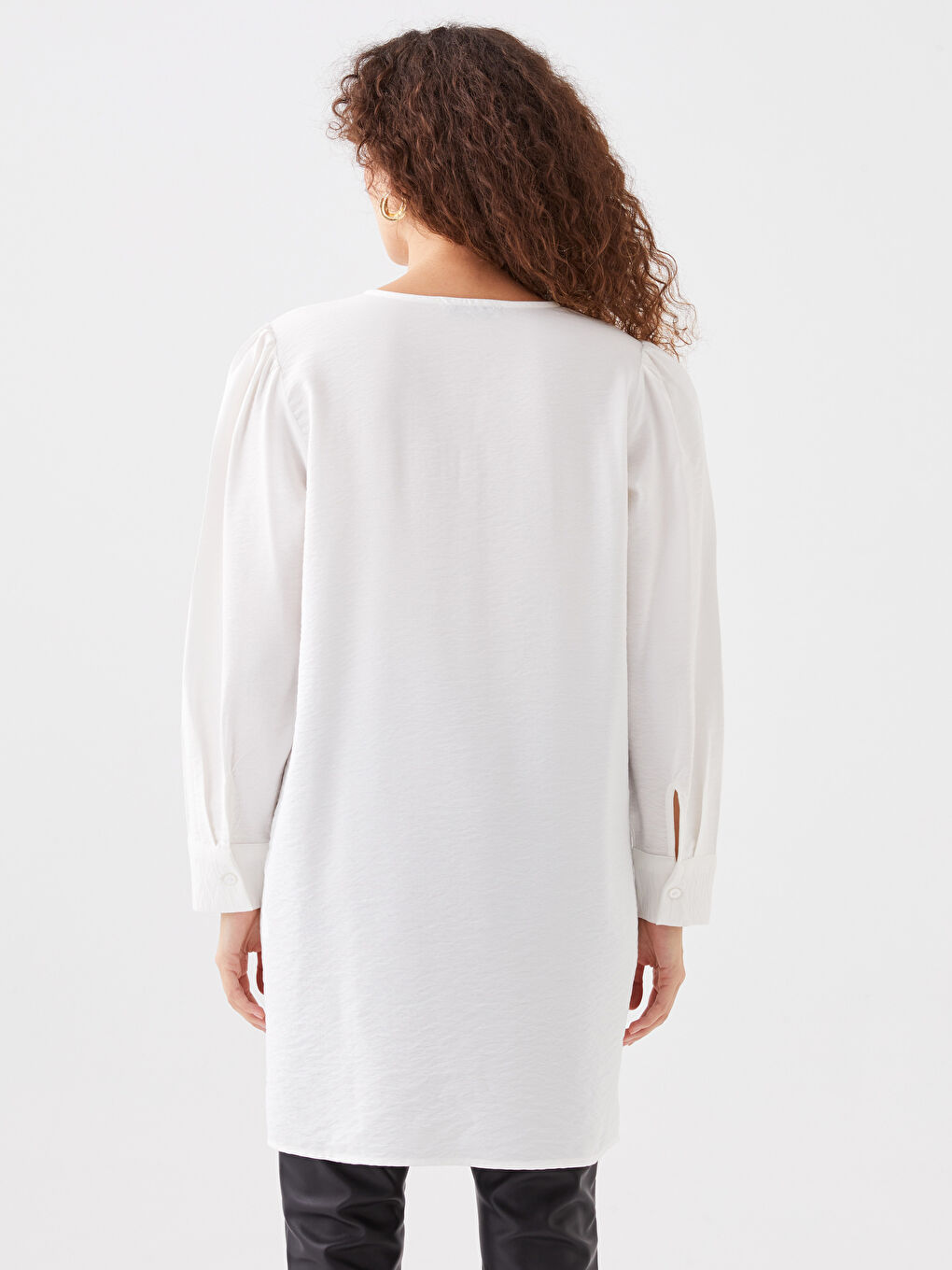 Bej Bisiklet Yaka Düz Uzun Kollu Kadın Tunik-4