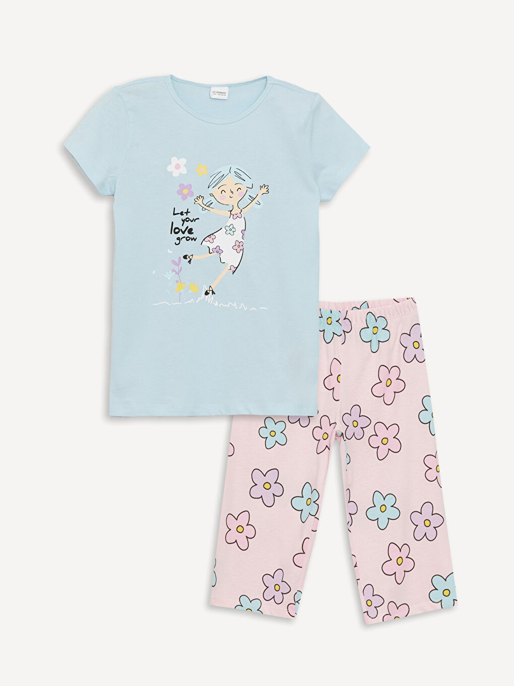 Mavi Bisiklet Yaka Baskılı Kısa Kollu Kız Çocuk Pijama Takımı