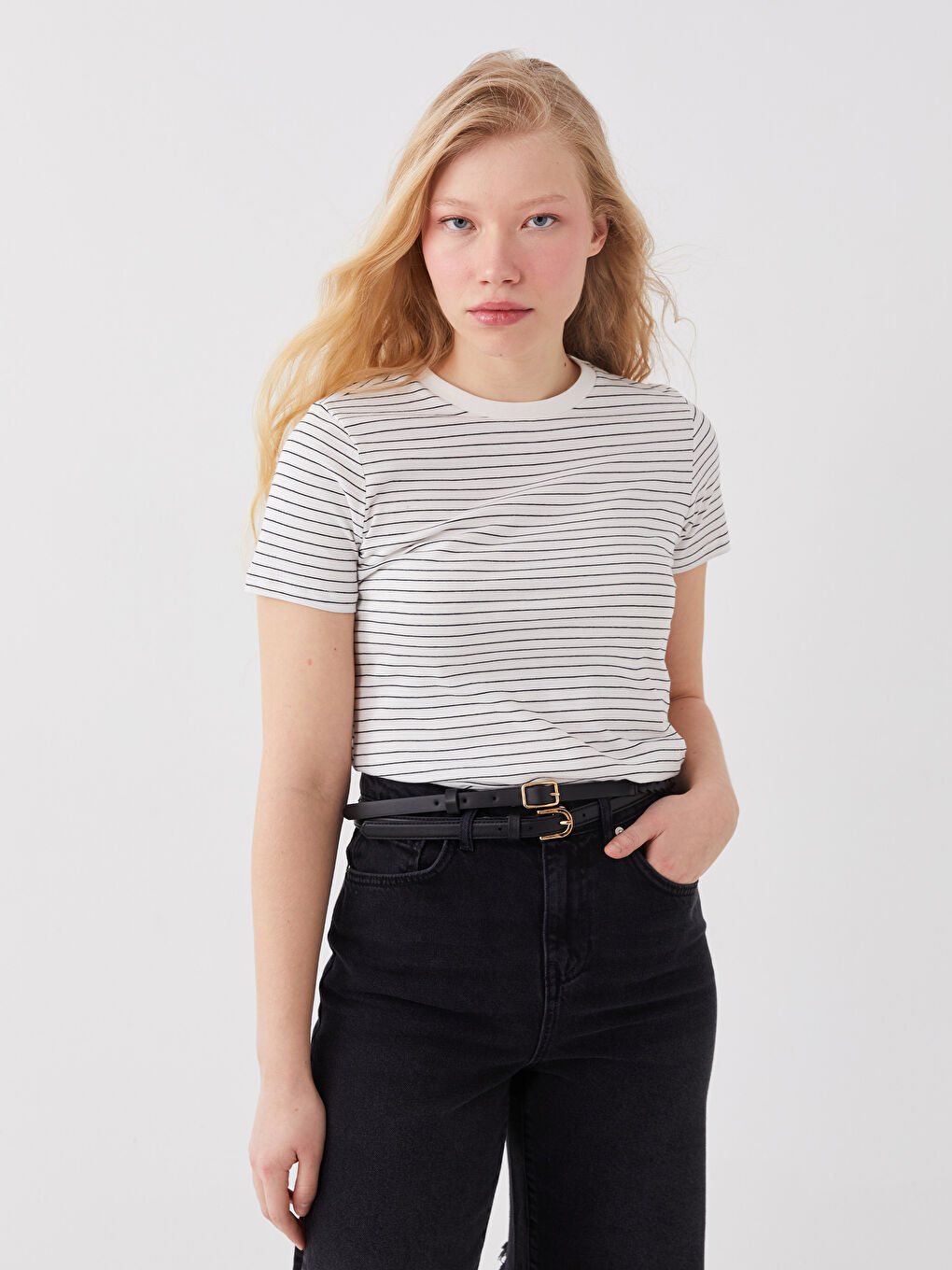 Rundhalsausschnitt Gestreift Kurzarm T-Shirt für Damen