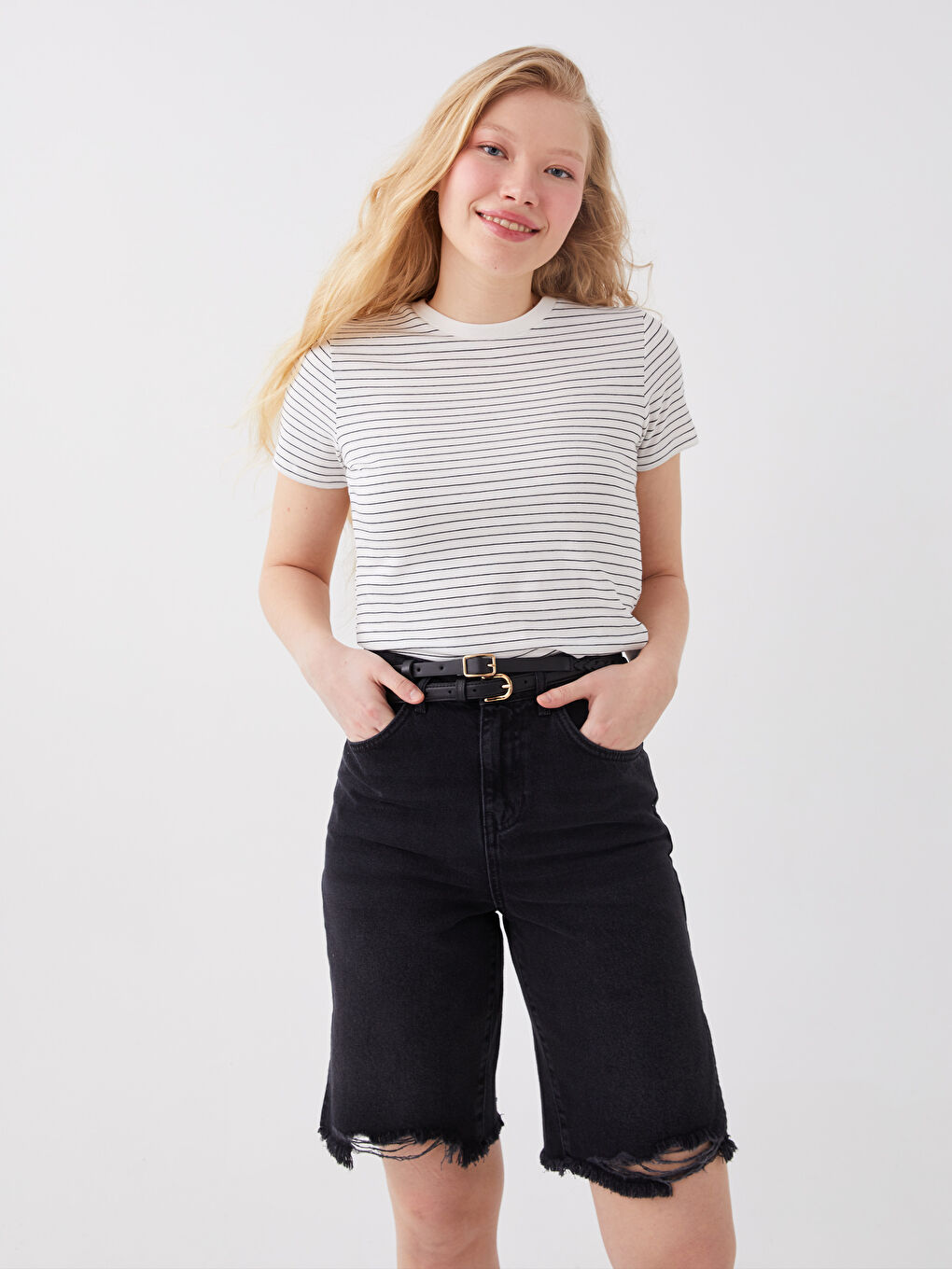 Rundhalsausschnitt Gestreift Kurzarm T-Shirt für Damen-1