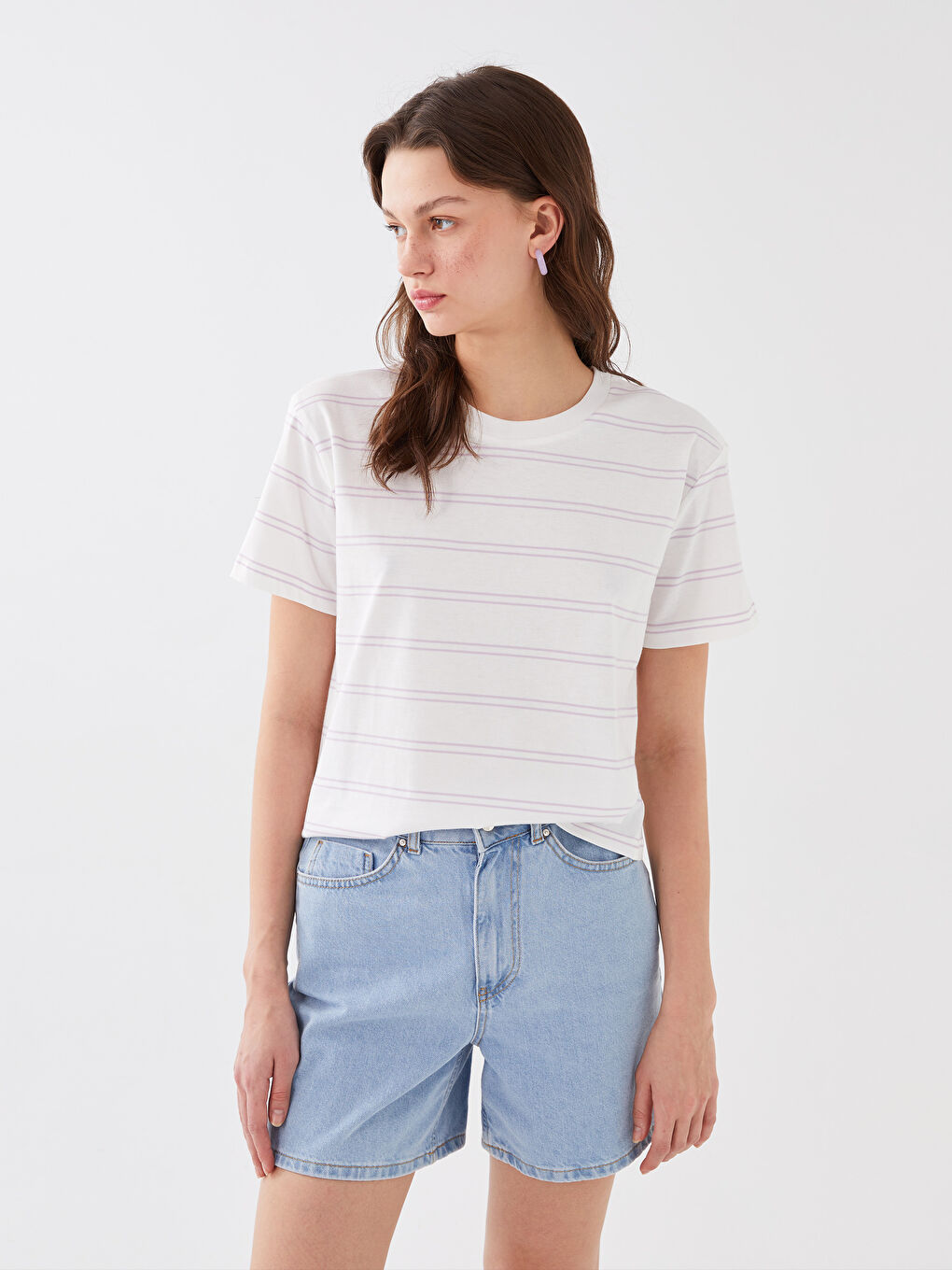 Lila Kadın Bisiklet Yaka Çizgili Kısa Kollu Tişört-1