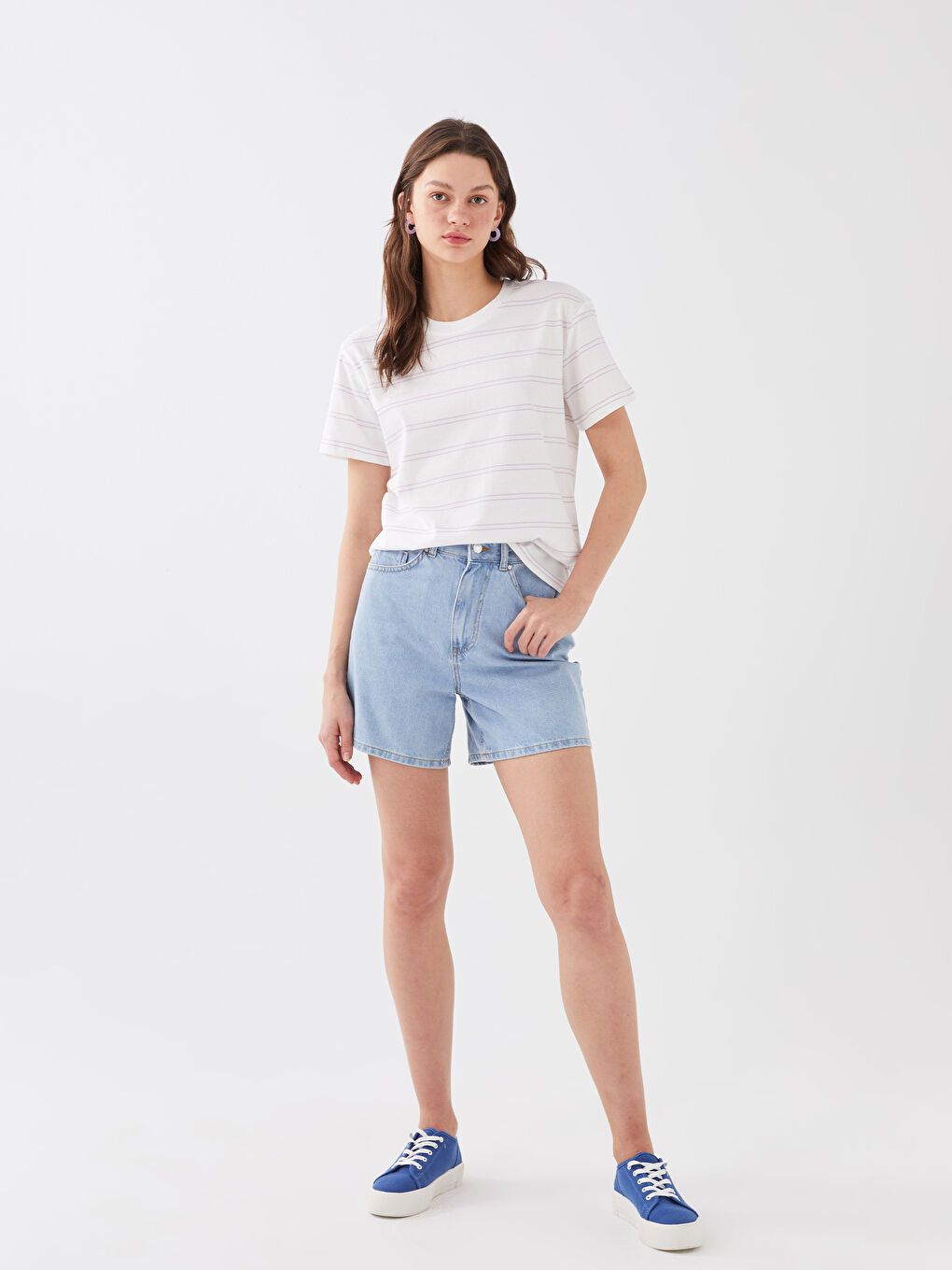 Lila Kadın Bisiklet Yaka Çizgili Kısa Kollu Tişört-2