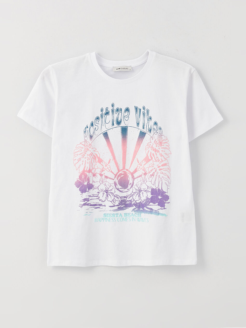 Beyaz Bisiklet Yaka Baskılı Kısa Kollu Kadın Tişört-5