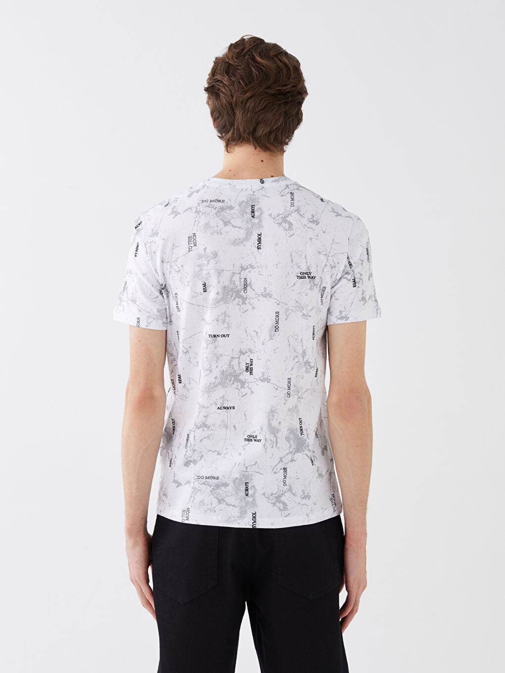 Beyaz Bisiklet Yaka Kısa Kollu Desenli Penye Erkek Tişört-4