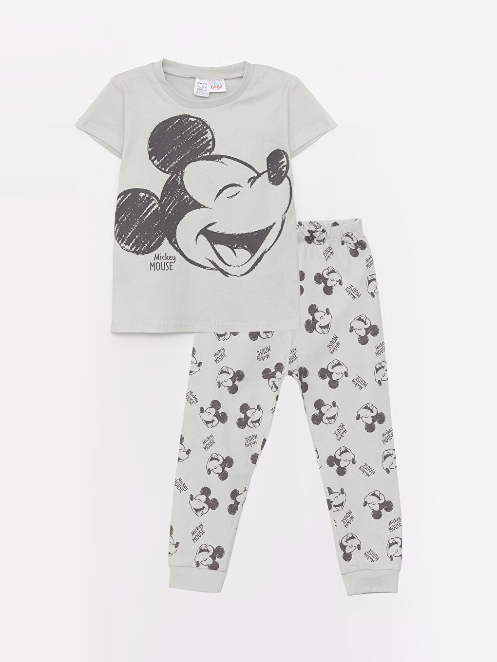 Gri Bisiklet Yaka Kısa Kollu Mickey Mouse Baskılı Erkek Bebek Pijama Takımı