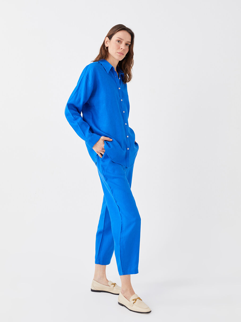 Mavi Beli Lastikli %100 Keten Kadın Pantolon