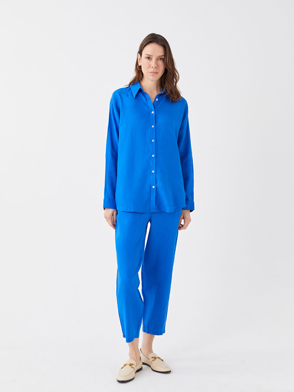 Mavi Beli Lastikli %100 Keten Kadın Pantolon-1