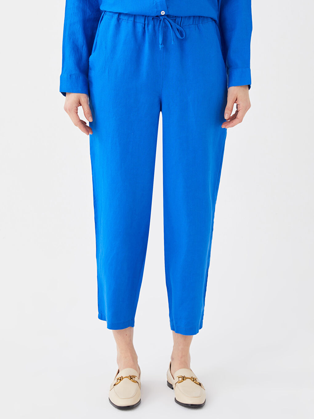 Mavi Beli Lastikli %100 Keten Kadın Pantolon-2