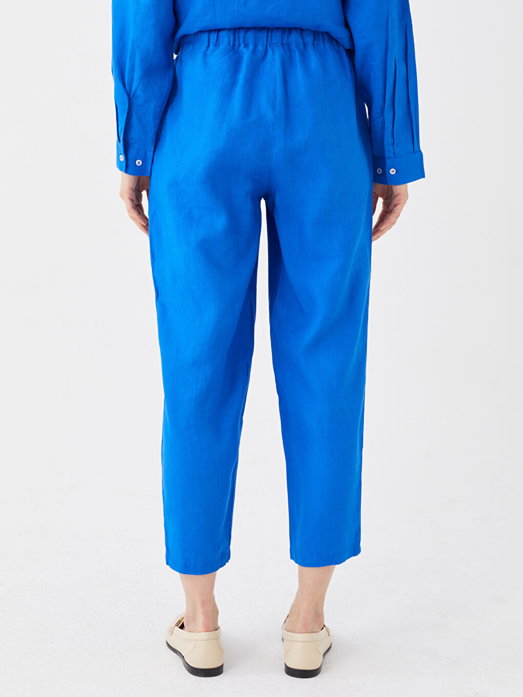 Mavi Beli Lastikli %100 Keten Kadın Pantolon-4