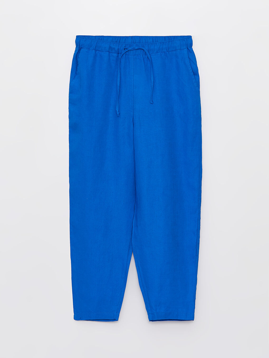 Mavi Beli Lastikli %100 Keten Kadın Pantolon-5