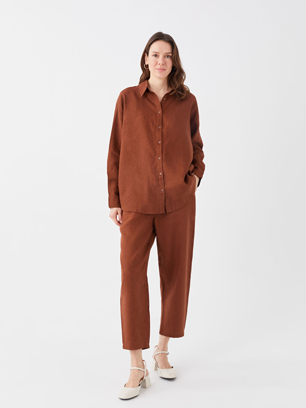 Kahverengi Beli Lastikli %100 Keten Kadın Pantolon-4