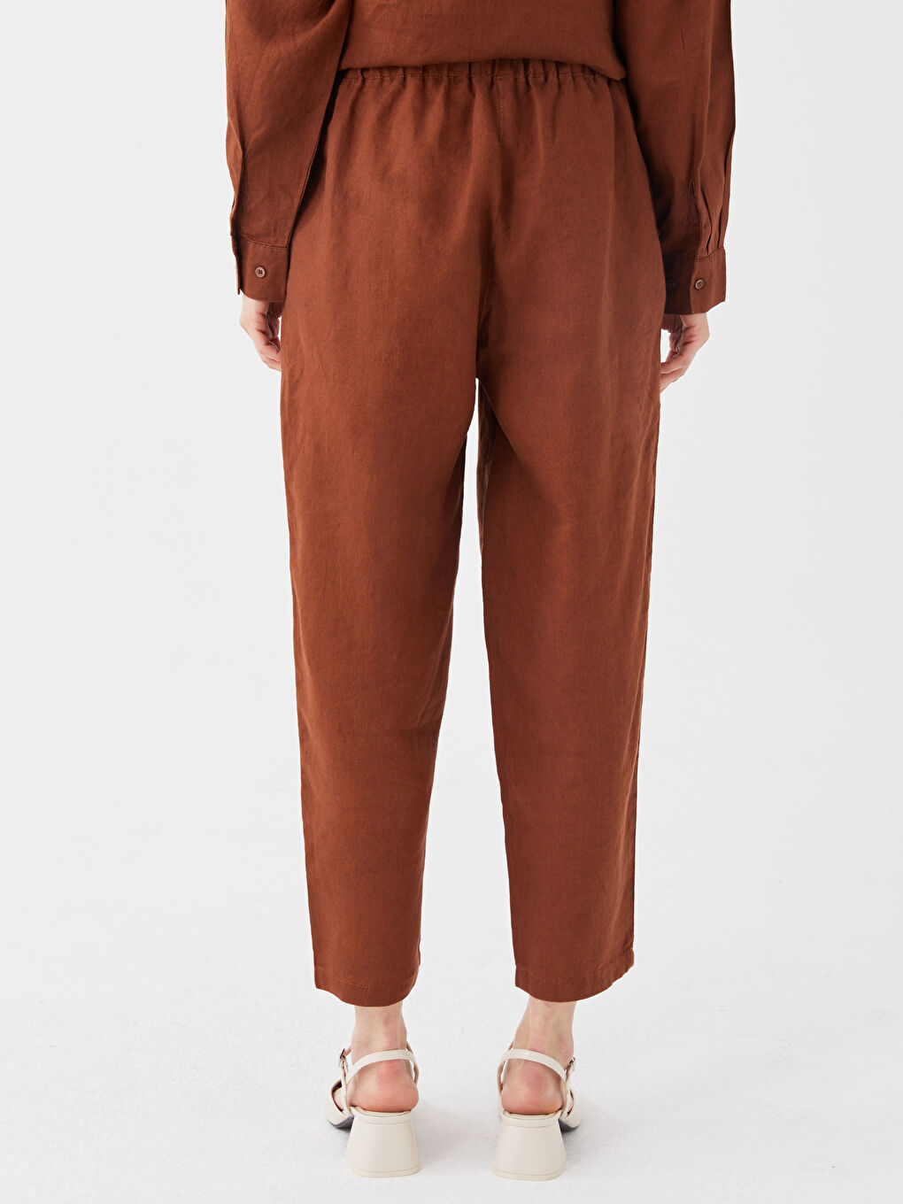 Kahverengi Beli Lastikli %100 Keten Kadın Pantolon-10