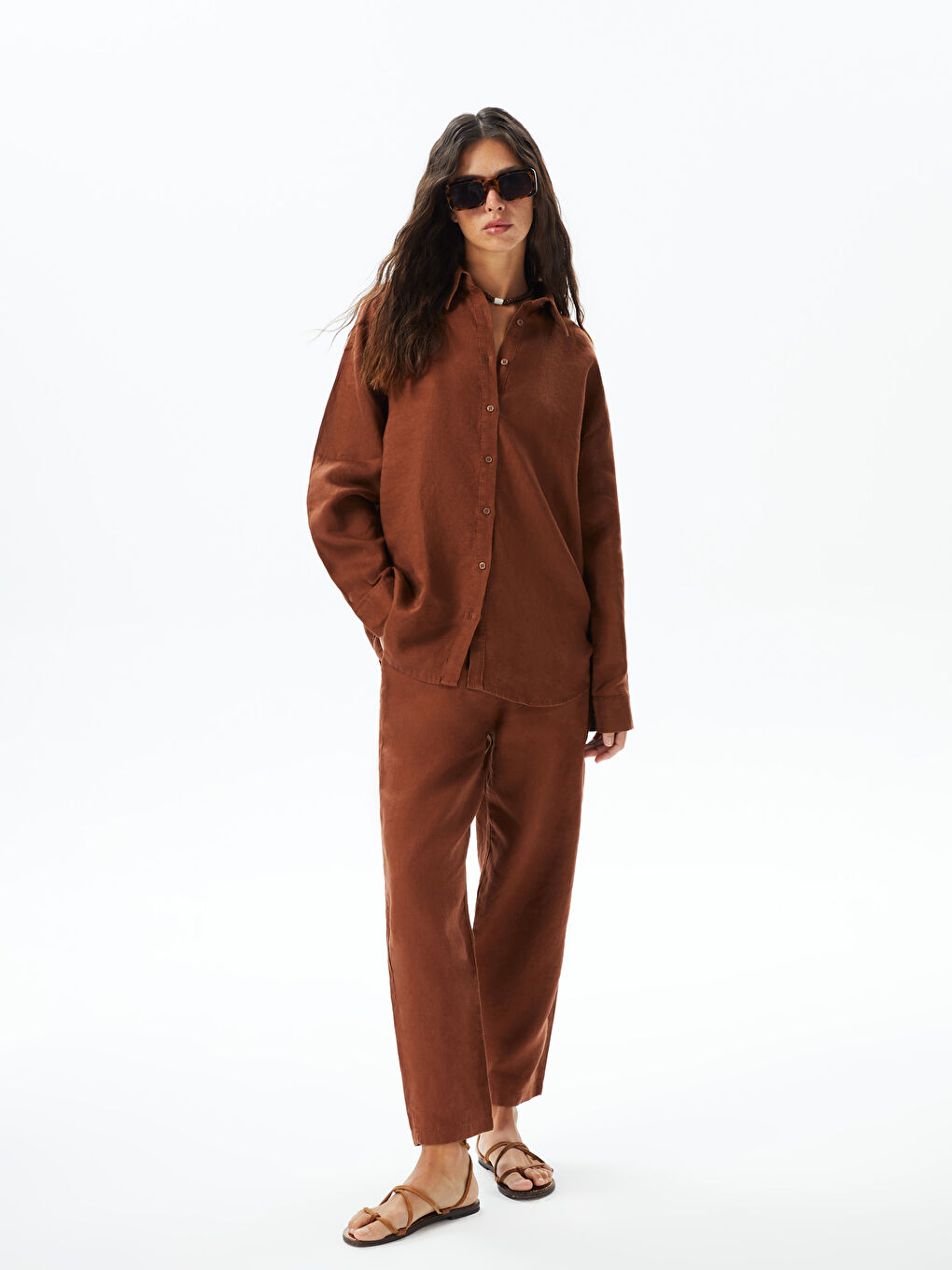 Kahverengi Beli Lastikli %100 Keten Kadın Pantolon