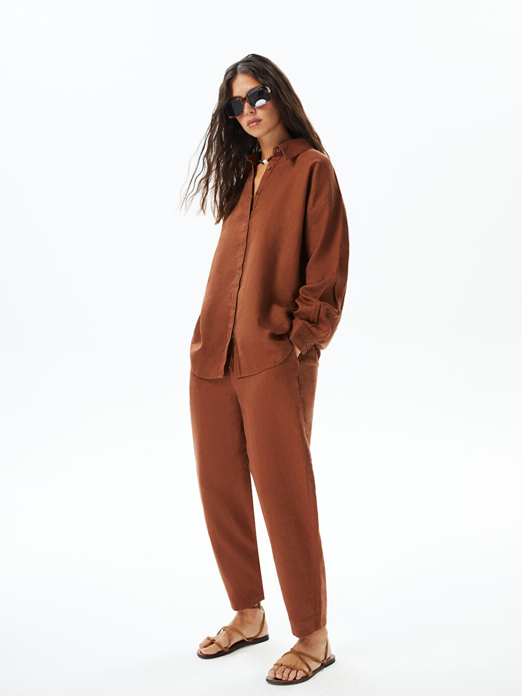 Kahverengi Beli Lastikli %100 Keten Kadın Pantolon-3