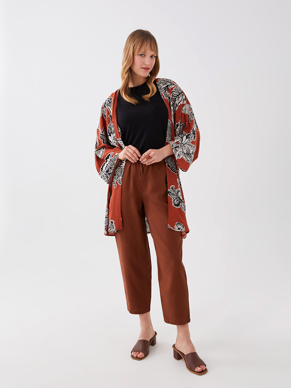 Kahverengi Beli Lastikli %100 Keten Kadın Pantolon-2