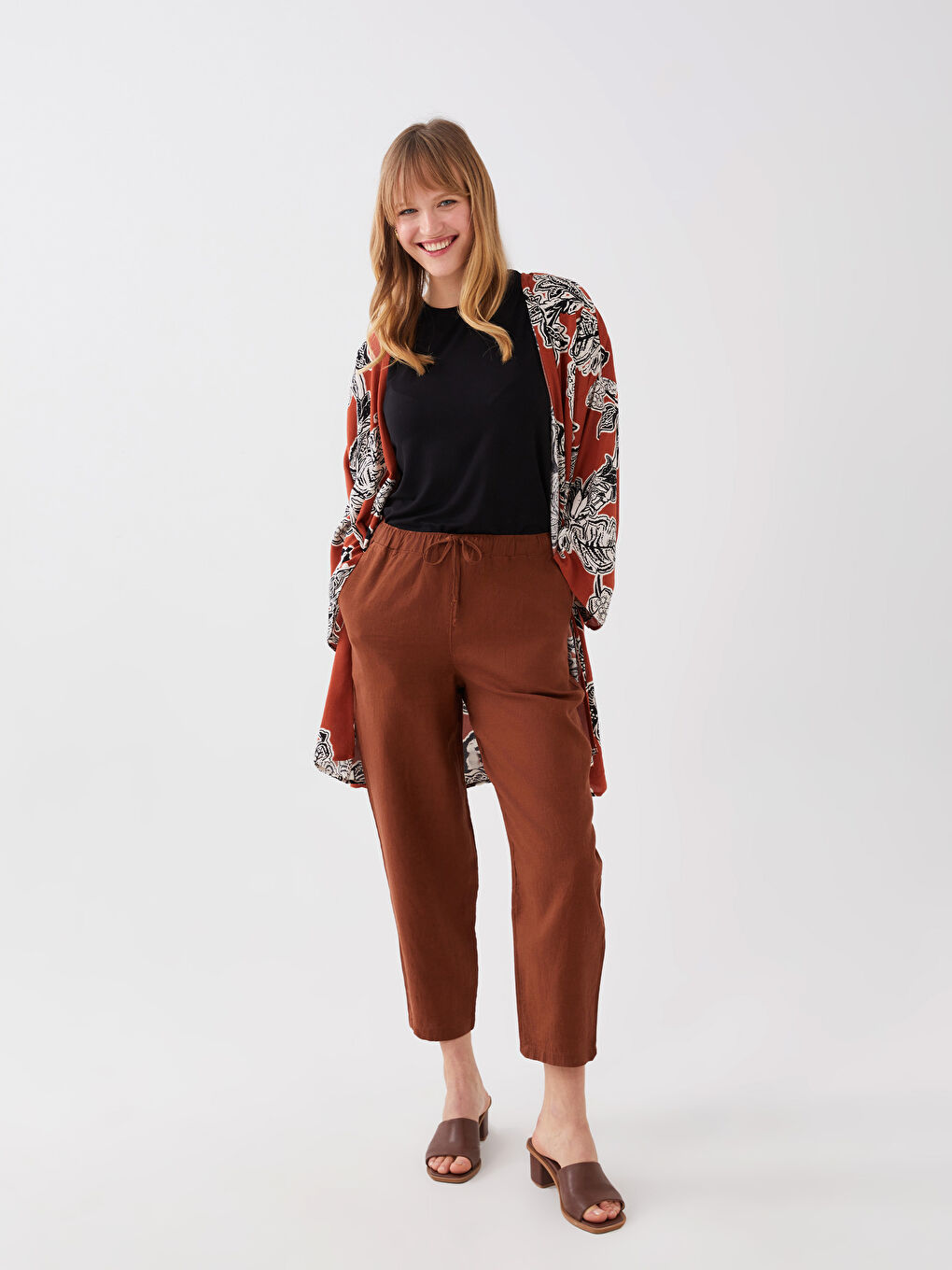 Kahverengi Beli Lastikli %100 Keten Kadın Pantolon-5