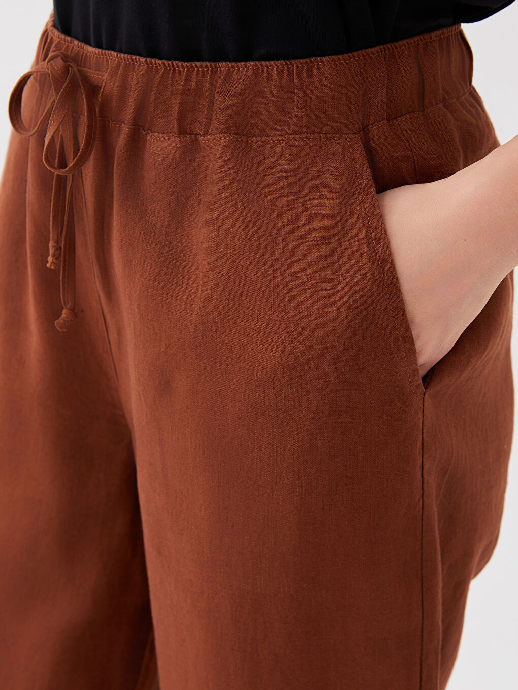Kahverengi Beli Lastikli %100 Keten Kadın Pantolon-7