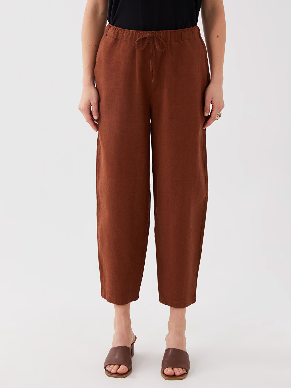 Kahverengi Beli Lastikli %100 Keten Kadın Pantolon-9