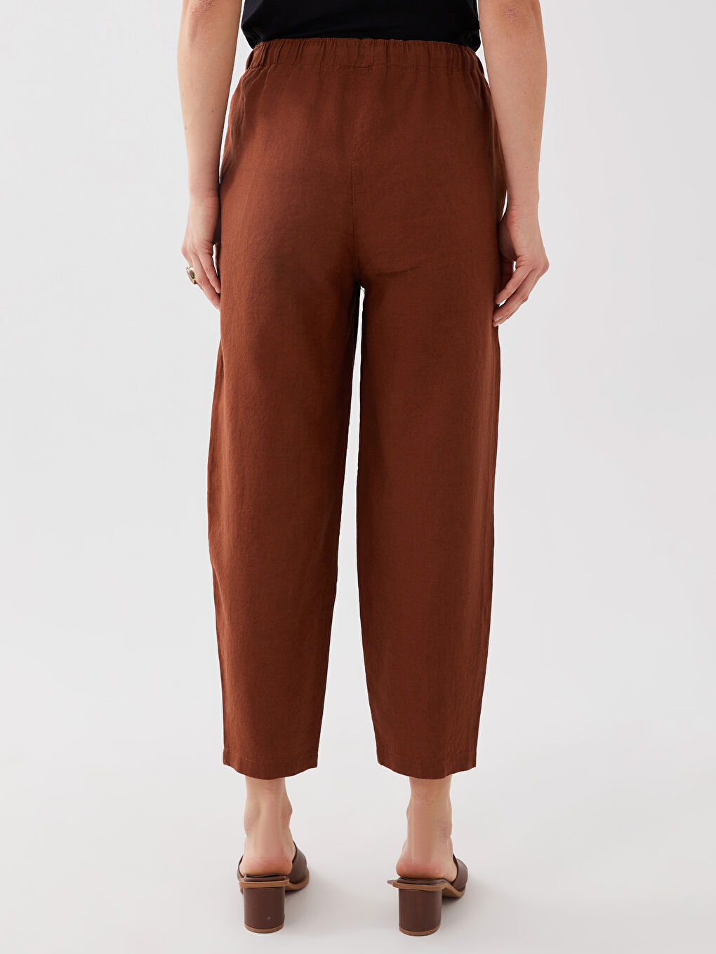 Kahverengi Beli Lastikli %100 Keten Kadın Pantolon-11