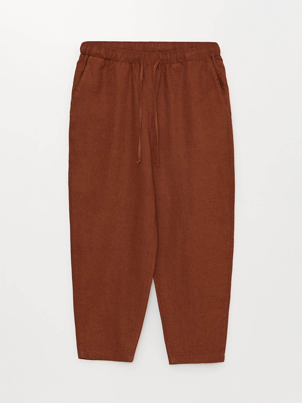 Kahverengi Beli Lastikli %100 Keten Kadın Pantolon-12