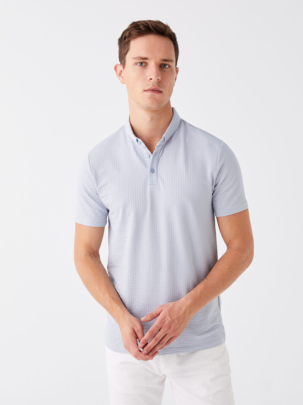 Mavi Polo Yaka Kısa Kollu Çizgili Erkek Tişört-1