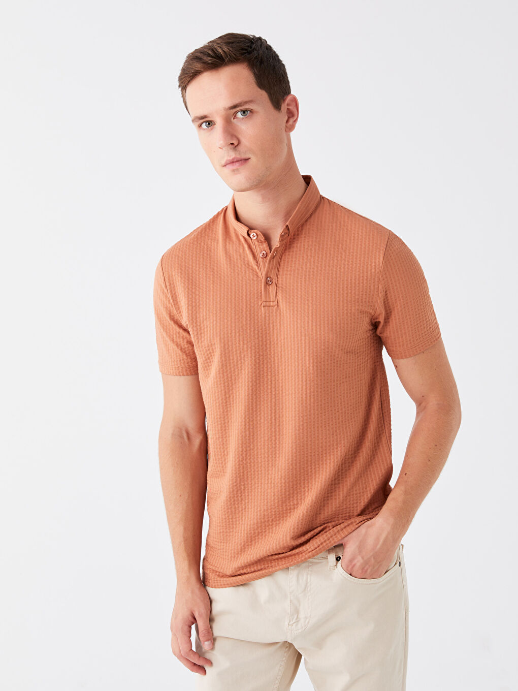 Turuncu Polo Yaka Kısa Kollu Çizgili Erkek Tişört-1