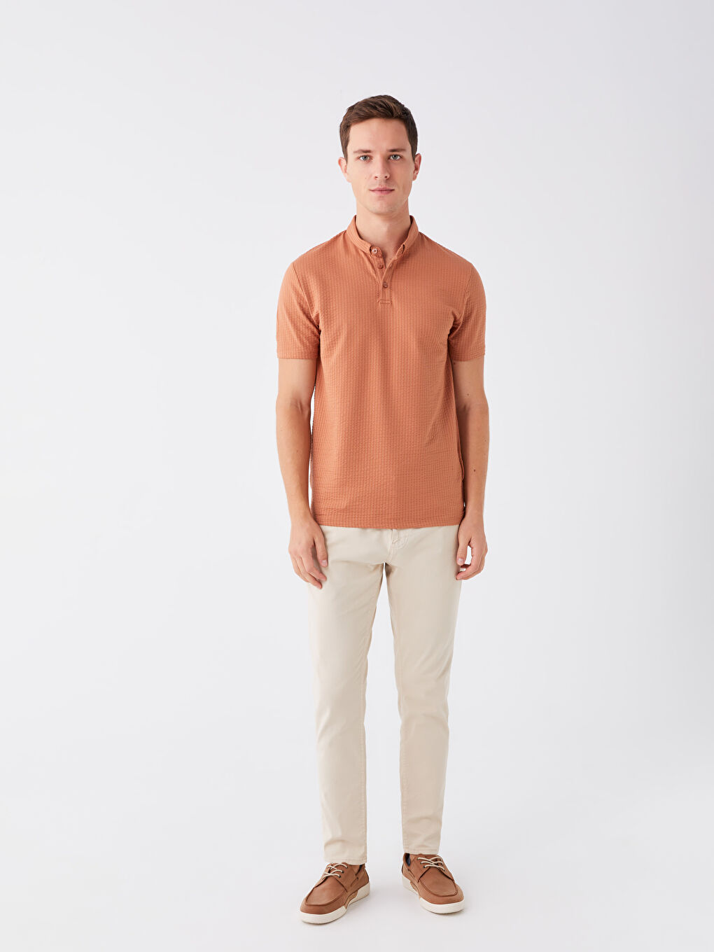 Turuncu Polo Yaka Kısa Kollu Çizgili Erkek Tişört-2