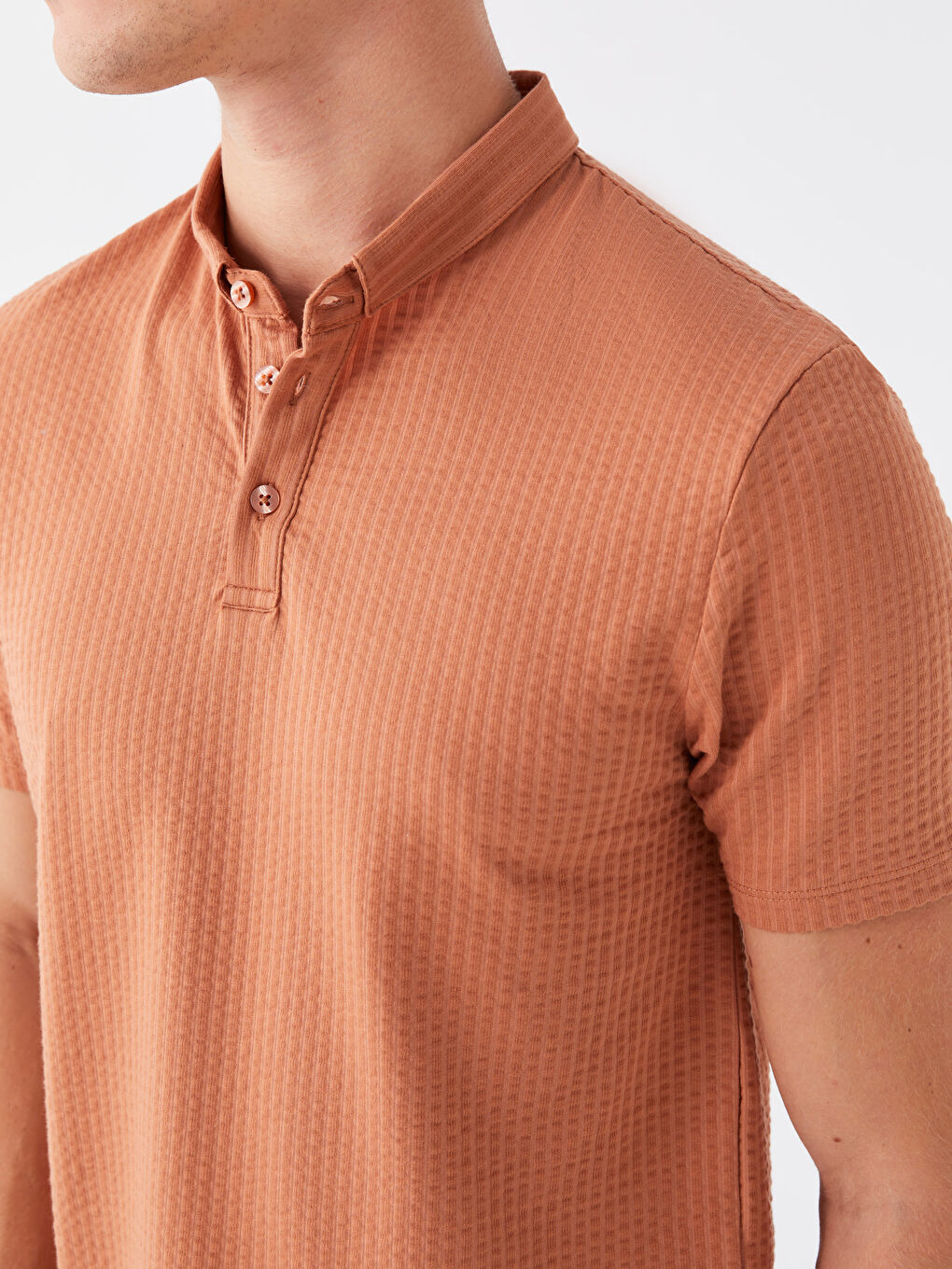Turuncu Polo Yaka Kısa Kollu Çizgili Erkek Tişört-3