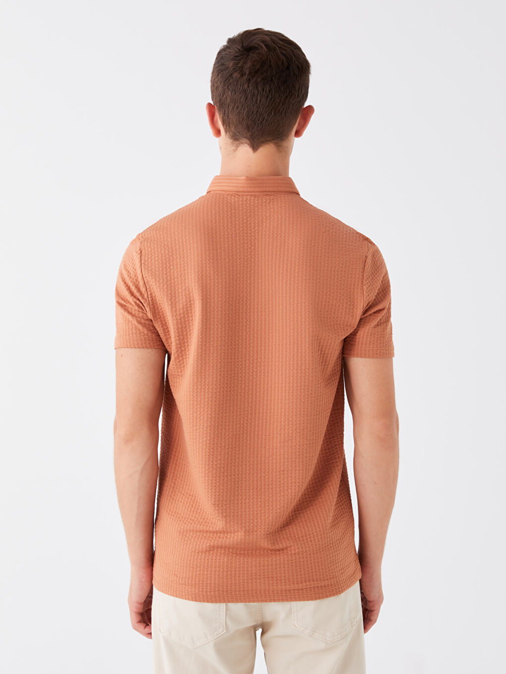 Turuncu Polo Yaka Kısa Kollu Çizgili Erkek Tişört-4