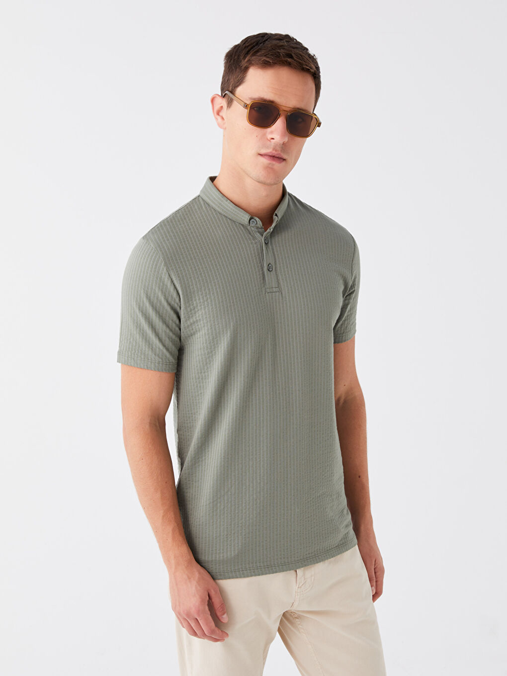 Yeşil Polo Yaka Kısa Kollu Çizgili Erkek Tişört