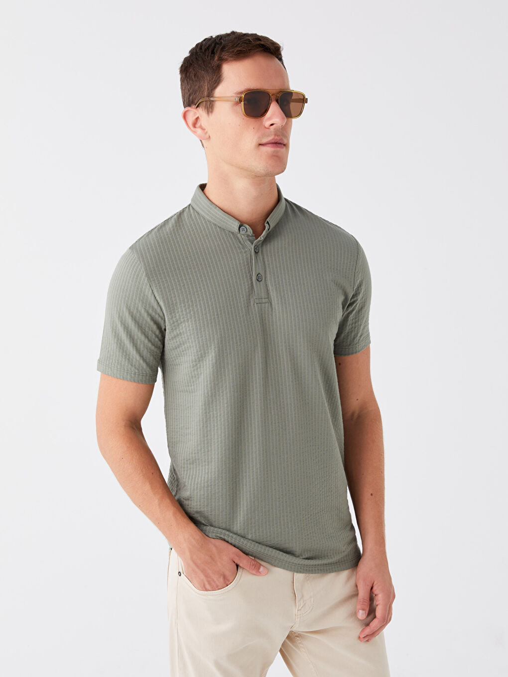 Yeşil Polo Yaka Kısa Kollu Çizgili Erkek Tişört-1