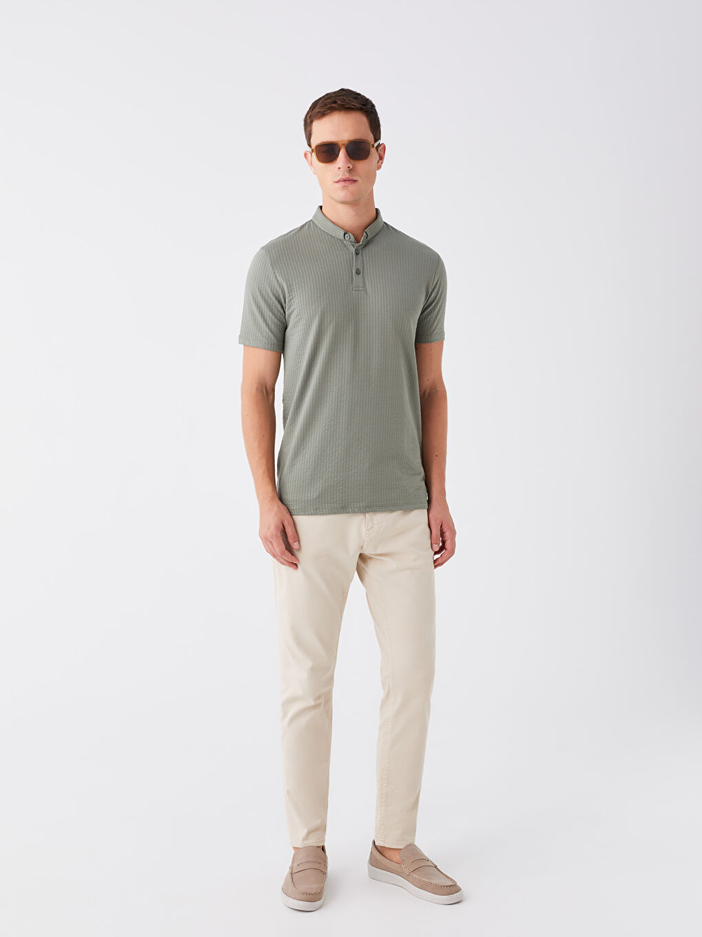 Yeşil Polo Yaka Kısa Kollu Çizgili Erkek Tişört-2