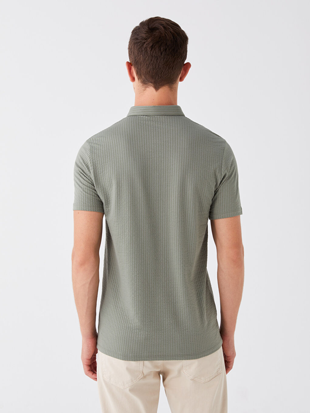 Yeşil Polo Yaka Kısa Kollu Çizgili Erkek Tişört-4
