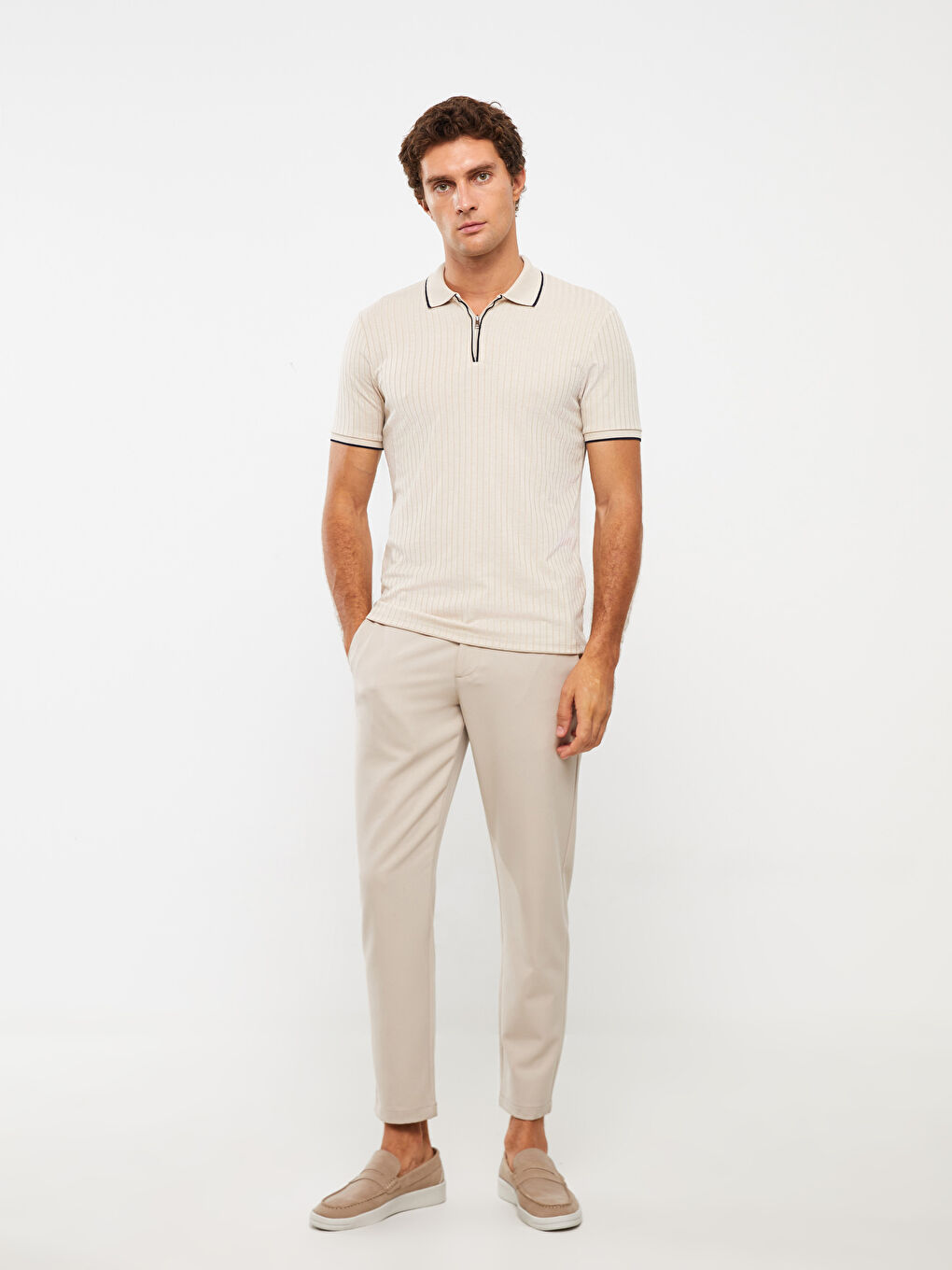 Bej Polo Yaka Kısa Kollu Erkek Tişört-2