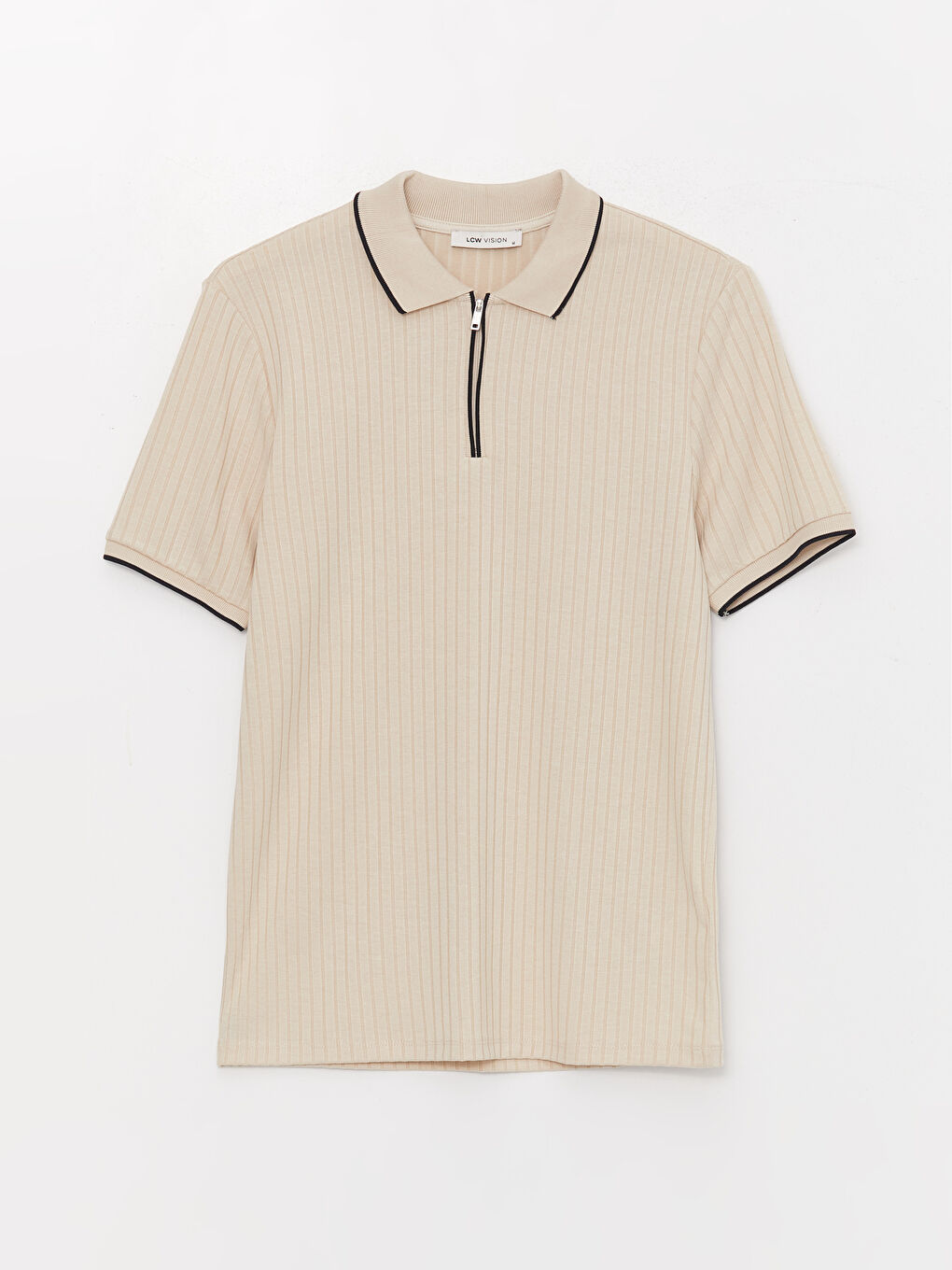 Bej Polo Yaka Kısa Kollu Erkek Tişört-5