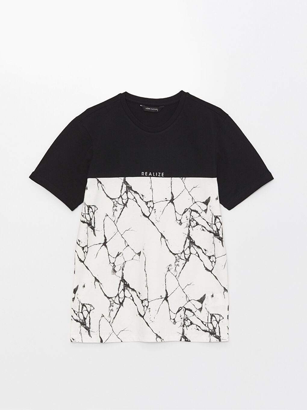 Siyah Bisiklet Yaka Kısa Kollu Renk Bloklu Penye Erkek Tişört-5