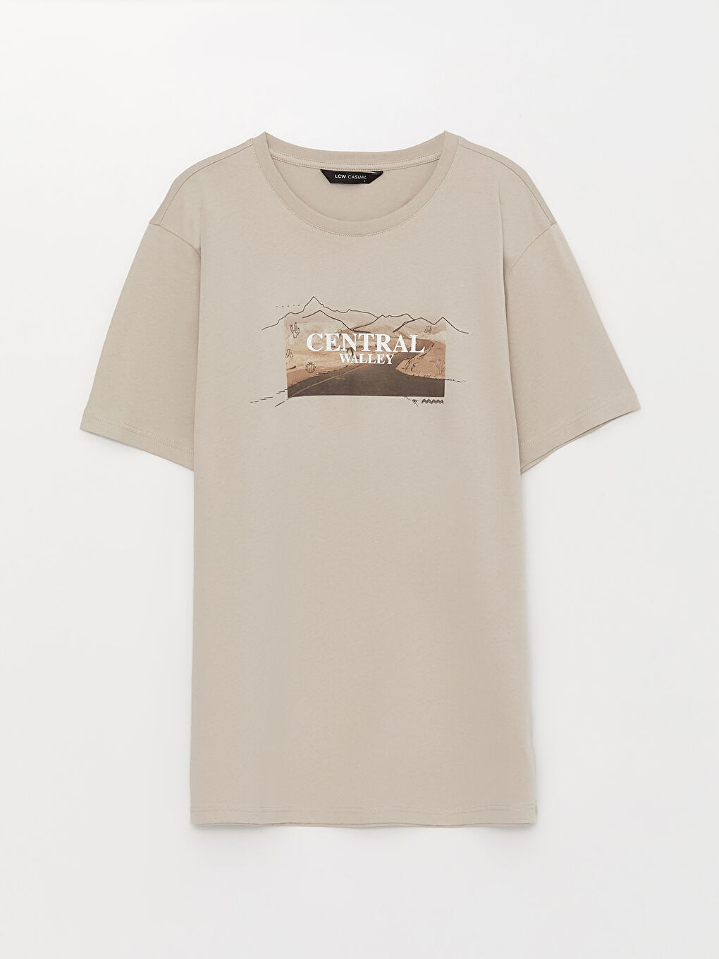 Bej Bisiklet Yaka Kısa Kollu Baskılı Penye Erkek Tişört-4