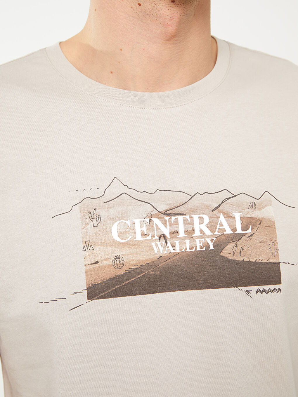 Bej Bisiklet Yaka Kısa Kollu Baskılı Penye Erkek Tişört-3