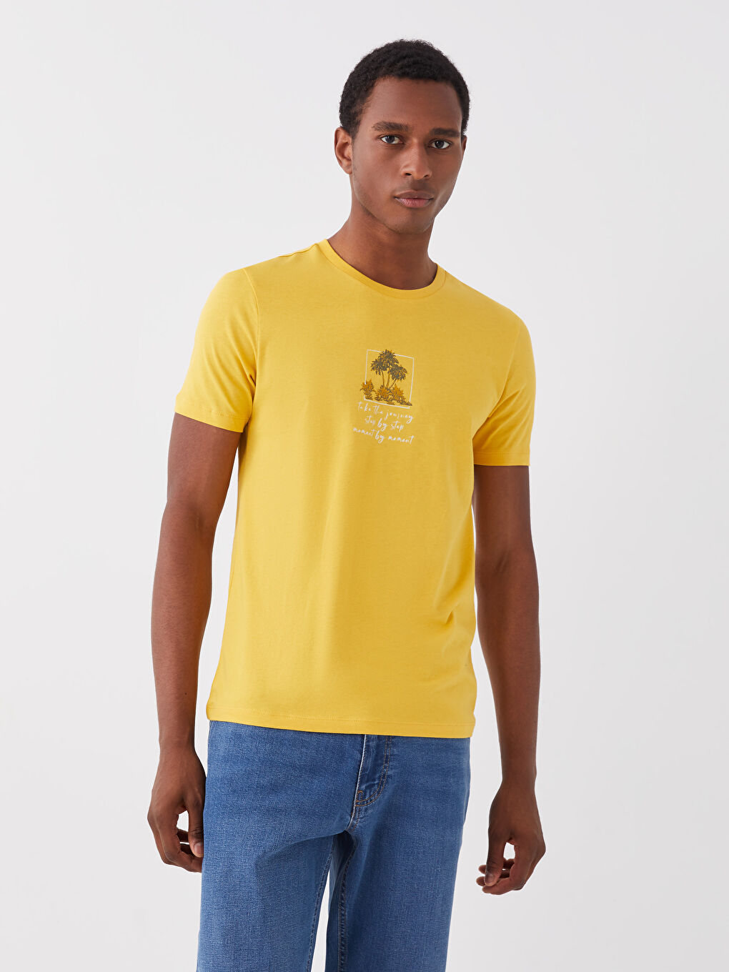 Sarı Bisiklet Yaka Kısa Kollu Baskılı Erkek Tişört