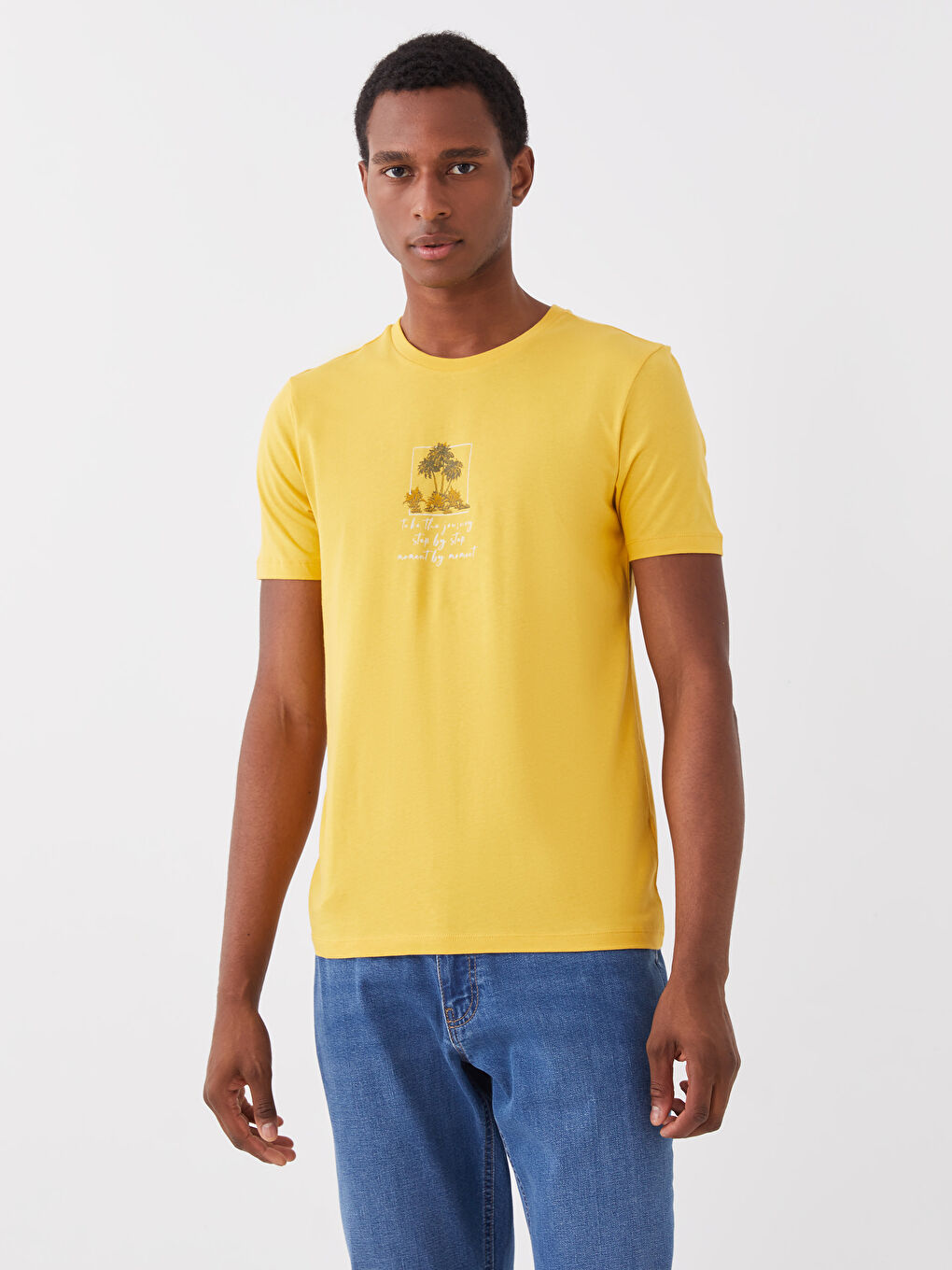 Sarı Bisiklet Yaka Kısa Kollu Baskılı Erkek Tişört-1