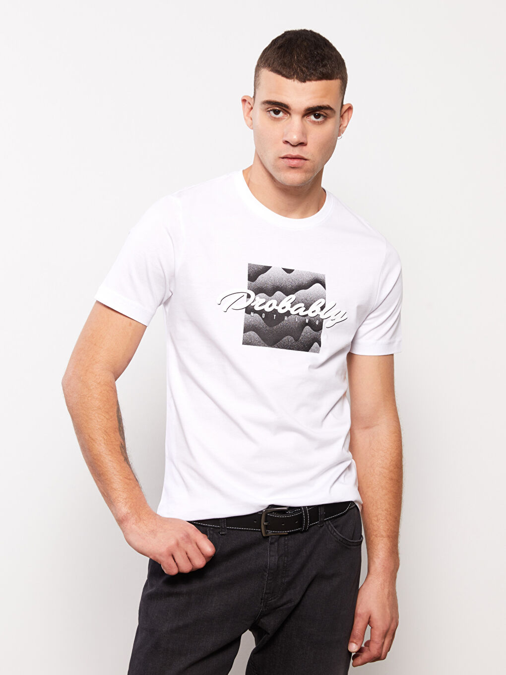 Beyaz Bisiklet Yaka Kısa Kollu Baskılı Penye Erkek Tişört