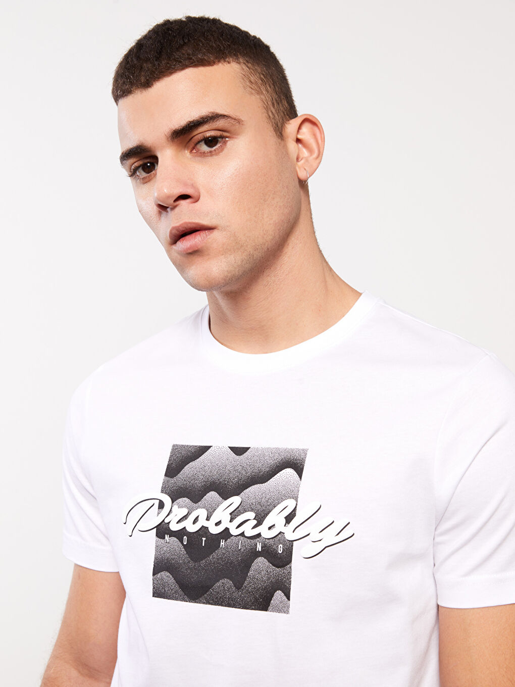 Beyaz Bisiklet Yaka Kısa Kollu Baskılı Penye Erkek Tişört-2