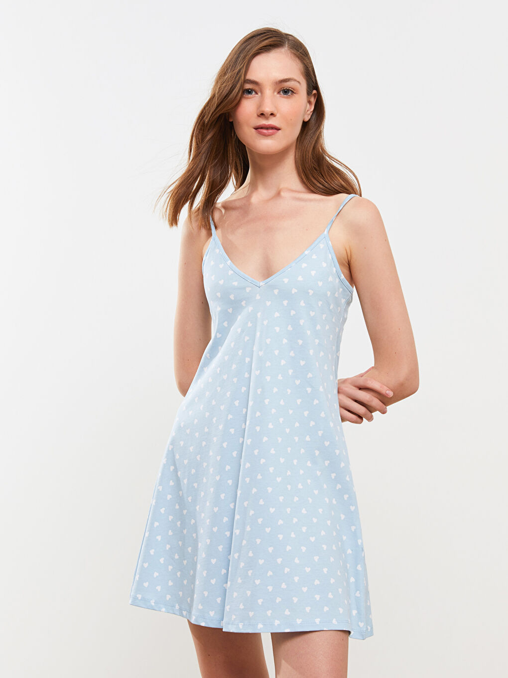 V-Neck Patterned Strap Cotton Women's Nightgown-1