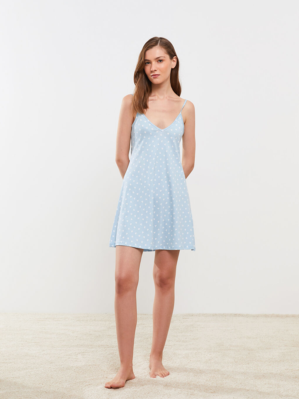 V-Neck Patterned Strap Cotton Women's Nightgown-2