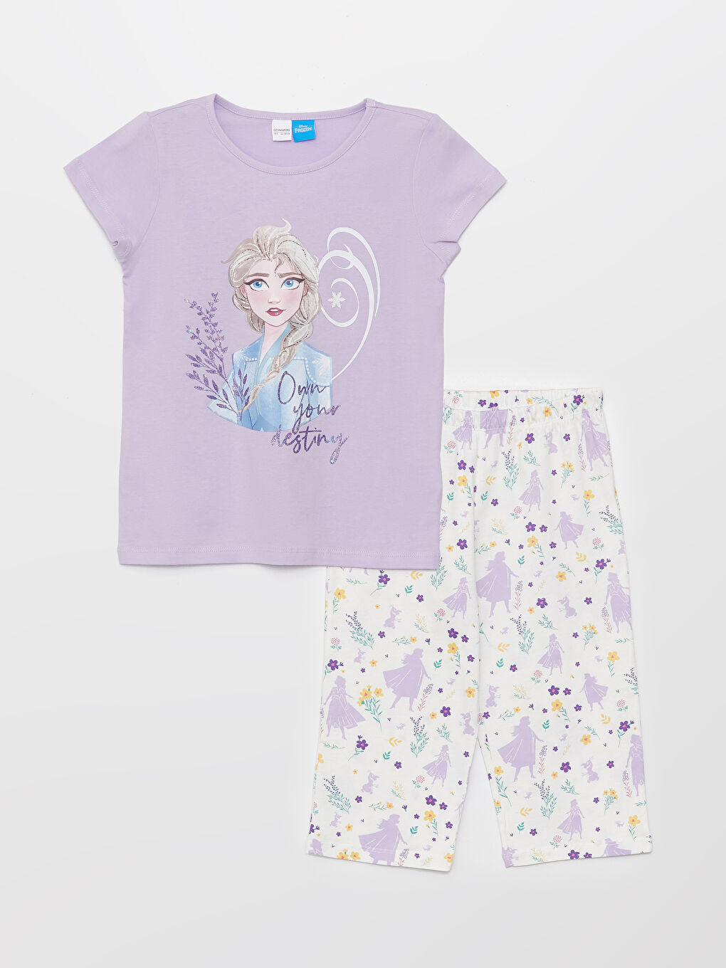 LCW Kids Lila Bisiklet Yaka Elsa Baskılı Kısa Kollu Kız Çocuk Pijama Takımı