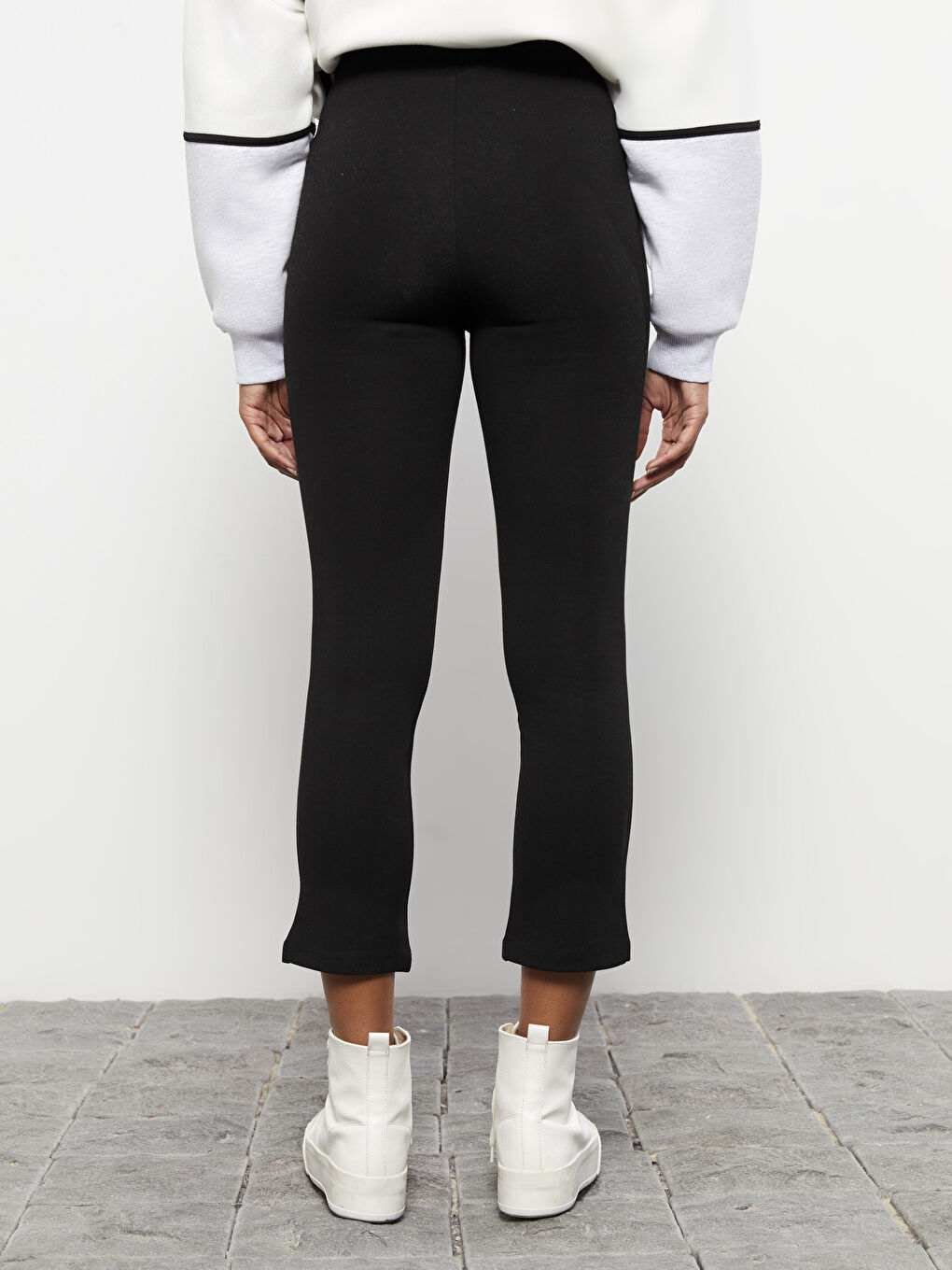 Siyah Kadın Beli Lastikli Düz Tayt Pantolon-2