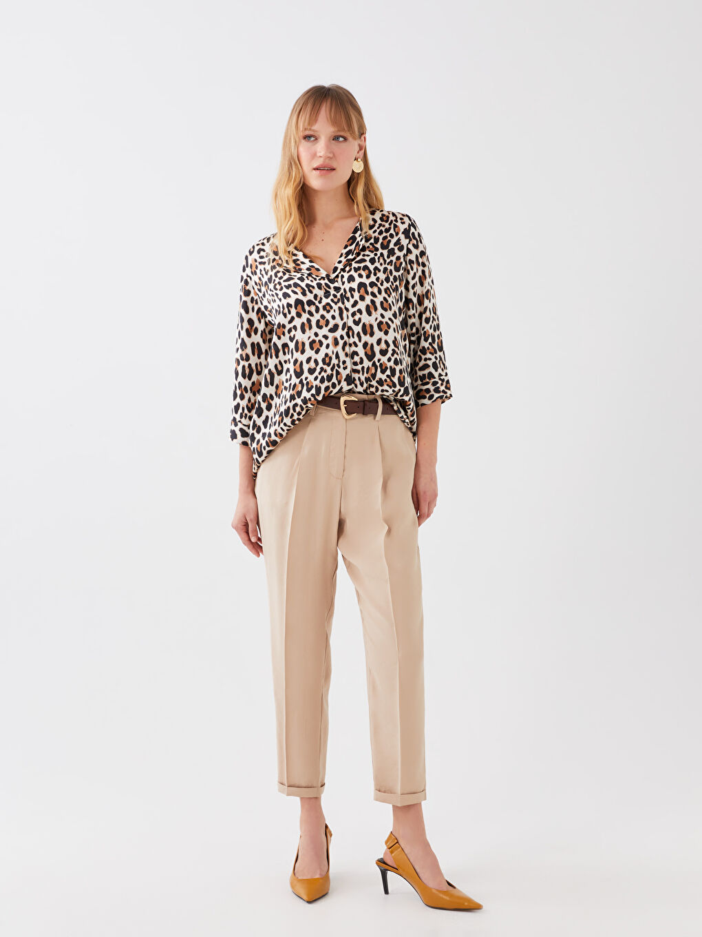 Bej Kadın Havuç Kesim Düz Pantolon-1