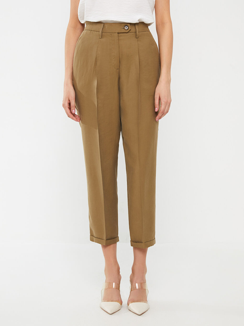 Haki Kadın Havuç Kesim Düz Pantolon-4